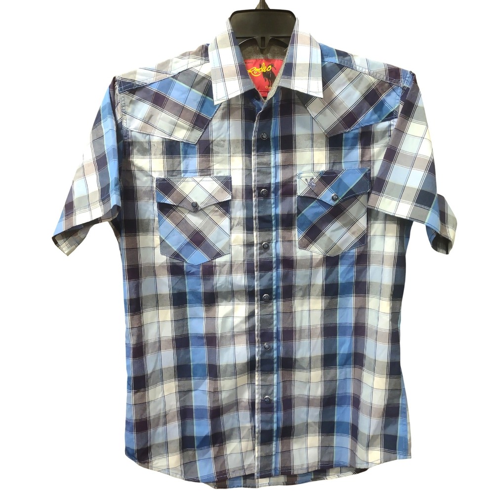 Rodeo Clothing Co. Mens Plaid Western Shirt SS Snap Blue Black Plaid‎ Small